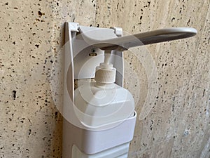Disinfectant for hands and gloves Septal, hanging in dispenser in public places. Hand sanitizer dispenser for cleaning hand.