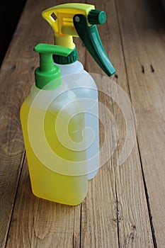 Disinfectants and detergents in plastic bottles. photo