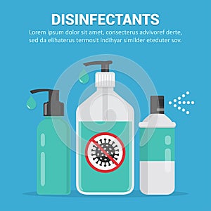 Disinfectants. Gel sanitizer, liquid soap and spray in a flat design photo