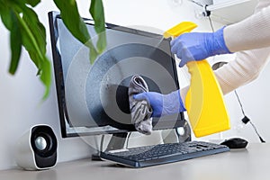 Disinfecting computer, antibacterial spray, rag, safe working from home