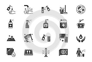 Disinfection flat icons. Vector illustration included icon as spray bottle, floor cleaning mop, wash hands gel