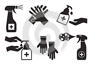 Disinfection. Hand hygiene. Set of hand sanitizer bottles, washing gel, spray, liquid soap, rubber gloves. Black icons. PPE