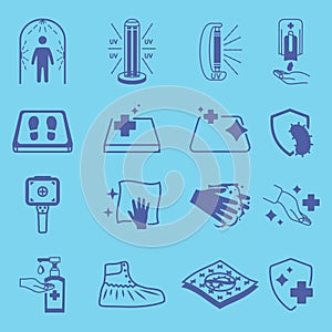 Disinfection icons. Cleaning and sanitizer surface, wash hand gel, UV lamp, sanitizing mat, thermographic camera, antiviral cover