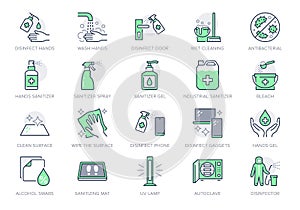 Disinfection line icons. Vector illustration included icon as spray bottle, floor cleaning mop, wash hand gel, autoclave