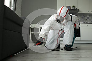 Disinfection of premises against insects and rodents by chemical means, a sanitary worker with a spray on the background of the