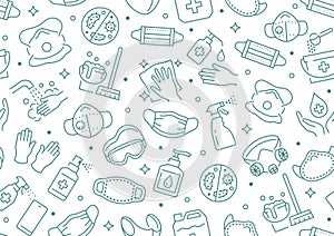 Disinfection seamless pattern. Vector background included line icons as aerosol, sanitizer, wet cleaning, protection