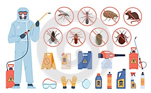 Disinfection service. Man in uniform. Antiparasitic chemicals. Insect and rodent control worker with insecticidal