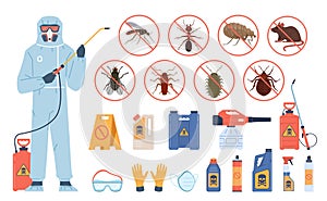 Disinfection service. Man in uniform. Antiparasitic chemicals. Insect and rodent control worker with insecticidal photo
