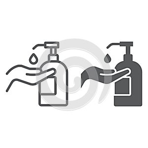 Disinfection soap with hand line and glyph icon, wash and hygiene, hand soap sign, vector graphics, a linear pattern on