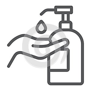 Disinfection soap with hand line icon, wash and hygiene, hand soap sign, vector graphics, a linear pattern on a white