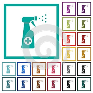 Disinfection spray flat color icons with quadrant frames