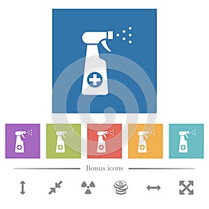 Disinfection spray flat white icons in square backgrounds