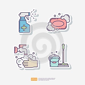 disinfection spray, soap bar and bubble, Washing hand, cleaning Bucket and broom. Clean and disinfect sticker set icon. Vector