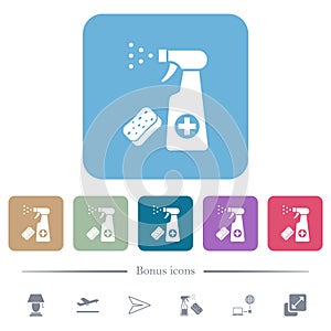 Disinfection spray and sponge flat icons on color rounded square backgrounds