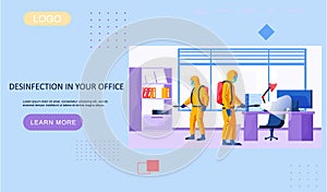 Disinfection in your office landing page template with a man in a protective suit with a spray gun
