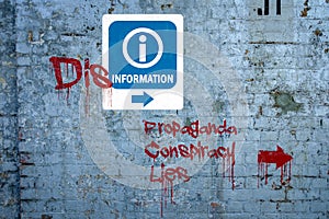 Disinformation graffiti on information sign photo