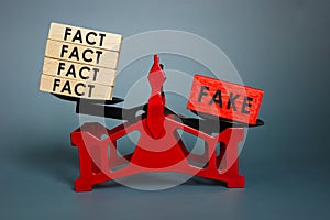 Disinformation and propaganda concept. Scales with facts and fake news.