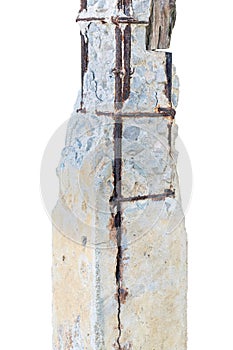 Disintegrated old concrete pillar with damaged and rusty steel f