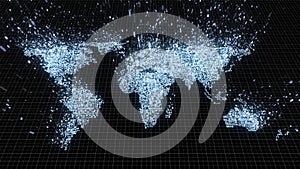 Disintegrating blue circuitry world map dissolving into binary data