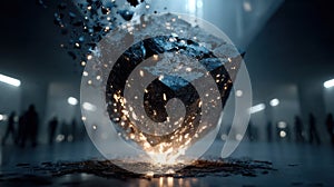 Disintegrating concrete cube levitating above glowing crater photo