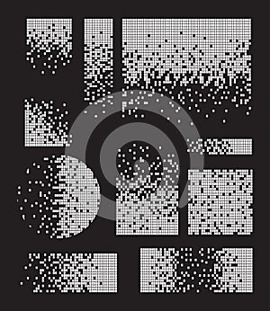 Disintegration pixel effect vector illustration. Dissolved filled square pattern black background