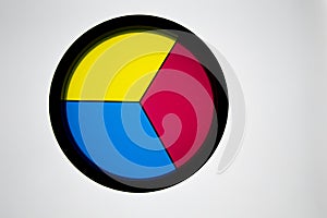 Disk with 3 primary colors, (yellow, blue and red) on a white ba