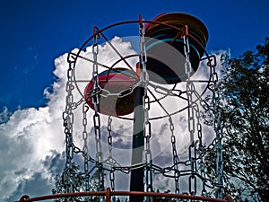 Disk in a disk golf basket