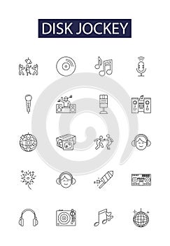 Disk jockey line vector icons and signs. Disc-Jockey, Disk-Jockey, Turntablist, Music-Mixer, Audio-Mixer, MC, Radio