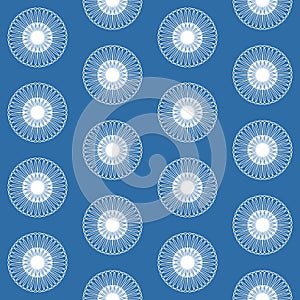 Disk mandala wheel blue seamless pattern, symmetrical colored textile design