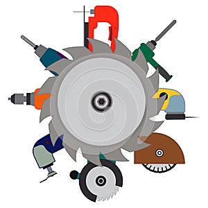 A set of construction power tools for repairing and round circular saw. Vector illustration.