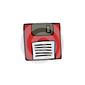 Diskette doodle icon, vector color line illustration