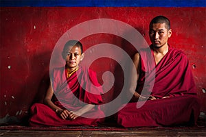 Tibetan Buddhist monks in Diskit monastery. Nubra valley, Ladakh