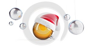 Disko ball christmas toy in santa claus hat on a white background 3D illustration, 3D rendering