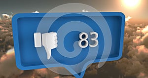 Dislike icon with increasing numbers on blue speech bubble against shining sun and clouds in sky