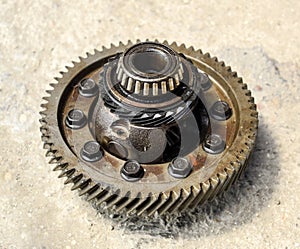 Dismantled box car transmissions. Gear with bearings. The gears on the shaft of a mechanical transmission.