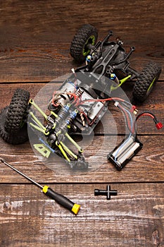 Dismantled broken Rc crawler model toy repair