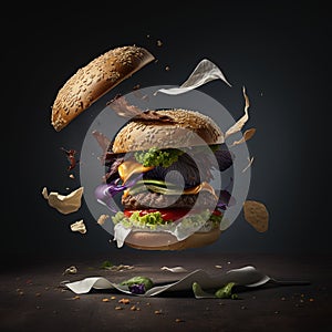 Dismantled burger floating in the air. Generative AI