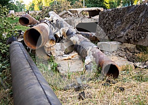 Dismantled old main pipes of the urban heating system