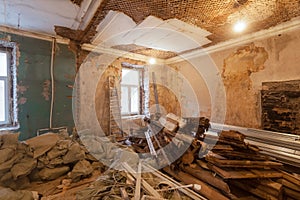 Dismantling of apartment`s interior before upgrade or remodeling, renovation, extension, restoration, reconstruction