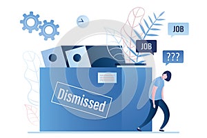 Dismissed businesswoman. Unhappy female employee after dismissal. Box with papers and fired office worker