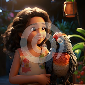 Disney-inspired Girl With Parrot: Photorealistic Portraiture And Inventive Character Designs