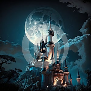 Disney land castle, dark theme ai generative illustration photo