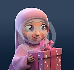 Disney Style, Adorable Muslim Girl Character Holding A Gift Box, Eid Mubarak, Generative AI