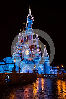 Disneyland Paris Castle at night with Christmas decorations