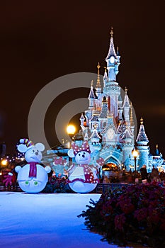 Disneyland Paris Castle at night with Christmas decorations