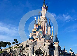 Disneyland Paris castle in a shiny day with clear blue sky, France, UK