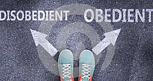 Disobedient and obedient as different choices in life - pictured as words Disobedient, obedient on a road to symbolize making