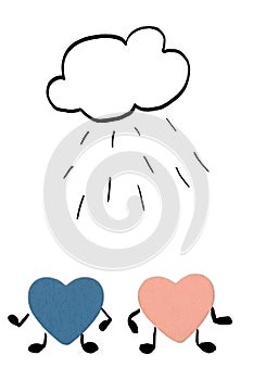 Disorder in the relationship between a man and a woman. Two hearts under a cloud with rain on a white background.