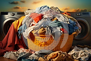 Disorderly heap of dirty clothes fills the laundry basket with untamed disarray