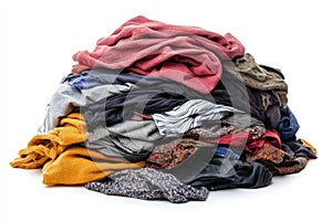 Pile of unsorted clothes messy laundry on white background